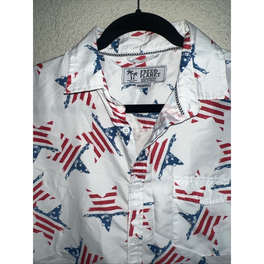 Free Planet Stars America Patriotic Button Up Shirt US Flag Rodeo Country Men M - Picture 4 of 5